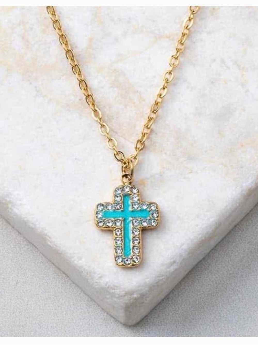 NWT ♥️ Gold Cross Pendant Necklace with Turquoise Inlay and Clear Crystals